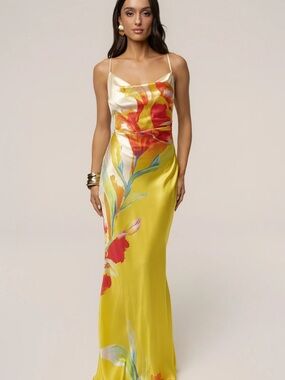 JLUXLABEL Floral YELLOW SATIN FLORAL PRINT MAXI DRESS| Brand New With Tags NWT